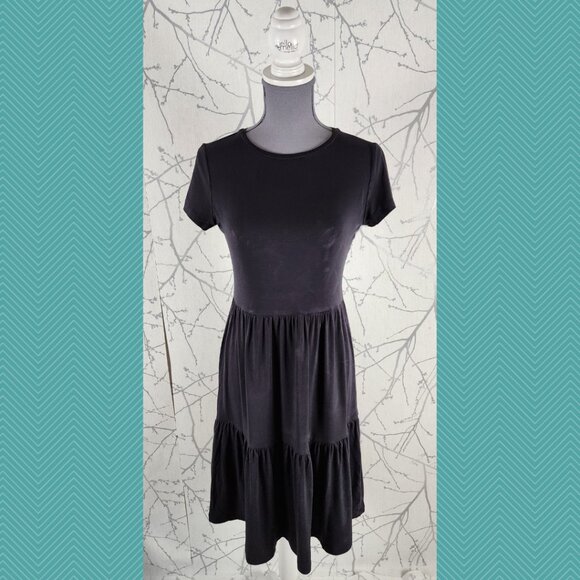 Hudson North Black Stretch Jersey Flowy Tiered Midi Dress - Picture 1 of 4